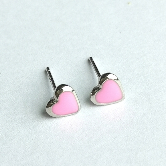 Sterling Silver Pink Enamel Heart Stud Earrings Small - Picture 4 of 4